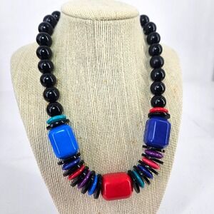 Vintage 80s Chunky Statement Necklace Bold Geometric Beads Black‎ Multi Color